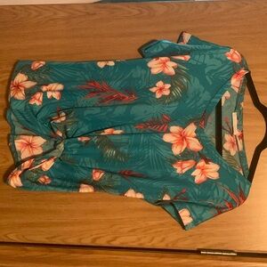 Teal Hawaiian print short sleeve top